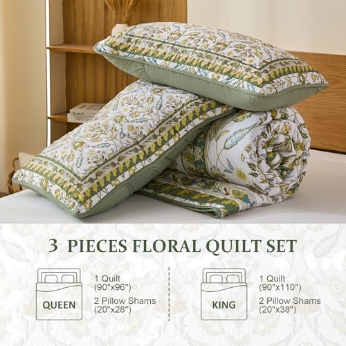 DJY Floral Quilt Set King Size, Green Brown Flower Pattern Quilts King Bedspread Coverlet Set with 2 Pillowcases, Soft Lightweight Microfiber Bedding for All Season (90"x110") DJY