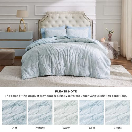 Bedsure Dusty Blue Comforter Set Queen, GentleSoft™ 3 Pieces Breathable Bow Comforter Set Women Girls with 2 Pillow Shams, Cute Queen Bedding Sets Room Decor Aesthetic Bedroom Decor, 90x90 Inches Bedsure