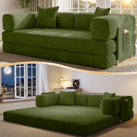 CUBENTE 78.8" Convertible Sofa Bed,Corduroy Futon Couch with Storage Pocket,Folding Pull Out Futon Sofa,No Assembly Boneless Couch for Living Room,Green CUBENTE