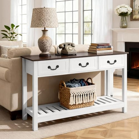 VEVOR 47 in Console Table, Farmhouse Desk Behind The Couch with Drawers and Bottom Storage Shelf, Wooden Rectangle Entrance Narrow Sofa Table for Hallway, Bedroom, Living Room, Foyer, Brown + White VEVOR