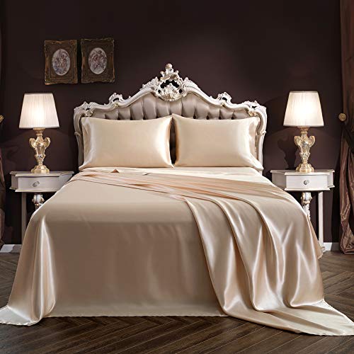 SiinvdaBZX 4Pcs Satin Sheet Set Queen Size Ultra Silky Soft Beige Satin Queen Bed Sheets with Deep Pocket, 1 Fitted Sheet, 1 Flat Sheet, 2 Envelope Closure Pillowcases SiinvdaBZX