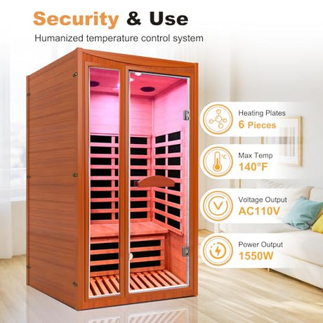 ToTibuy 1-2 Person Home Sauna Low EMF Far Infrared Sauna with Red Light Bluetooth Speakers Indoor Dry Sauna 1550W 110V 39.37"x35.43"x74.8" ToTibuy