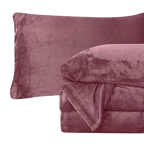 Elegant Comfort Luxuriously Soft 4-Piece Velvet Plush Flannel Sheet Set - Premium Quality - Cozy Warm, Anti-Static, Non Pilling Fuzzy Velvet Flannel Fleece Deep Pocket Sheet Set - Twin XL, Rose Elegant Comfort