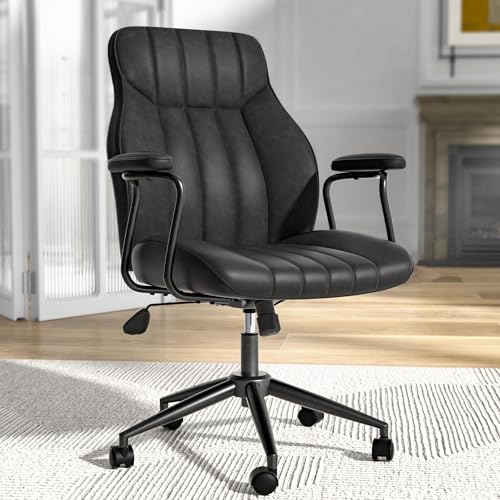 Bananister Black Leather Office Desk Chair with Wheels and Arms, Height Adjustable, Vintage, Mid Century Modern Style Bananister