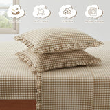 KKJIAF 4 Pieces Plaid Ruffle King Size Sheets Set, Cotton Gingham King Sheet Set Linen Feel Comfy Breathable Ruffed Plaid Bed Sheet Set with 16 Inches Deep Pocket, Taupe KKJIAF