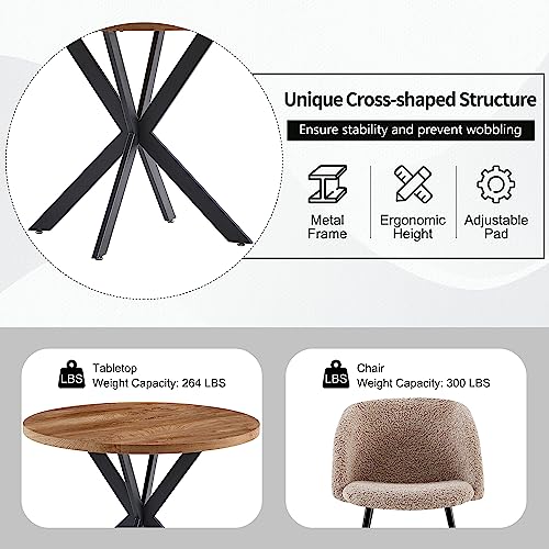 NORDICANA 5 Pieces 37-Inch Round Dining Table and Upholstered Chairs for Four Person, MDF Table-top, Light Brown Fuzzy Sherpa Armchairs with Black Metal Leg for Kitchen, Reception Room NORDICANA