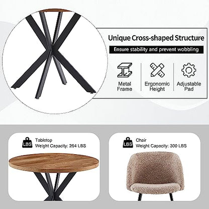 NORDICANA 5 Pieces 37-Inch Round Dining Table and Upholstered Chairs for Four Person, MDF Table-top, Light Brown Fuzzy Sherpa Armchairs with Black Metal Leg for Kitchen, Reception Room - WoodArtSupply