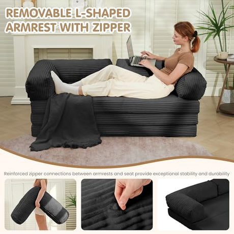 NLDD Convertible Sofa Bed King,5-in-1 Folding Boneless Couch Corduroy Futon Sofa Bed,Tri-Fold Mattress with Removable Armrests & Handle,Sleeper with Pull Out Bed for Small Space Living Room Bedroom NLDD
