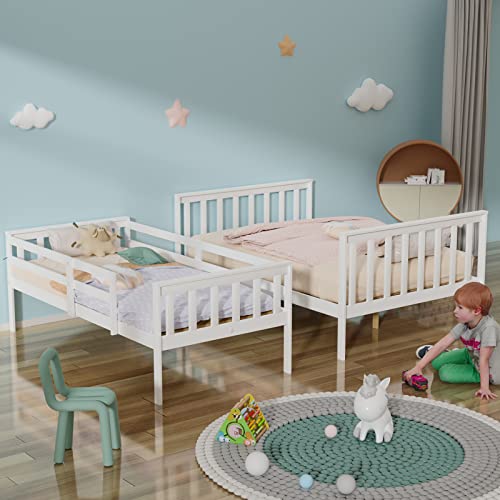 JOYMOR Convertible Twin Over Full Bunk Bed Frame – Space-Saving Solid Wood Design with Ladder and Guard Rail for Kids and Teens JOYMOR