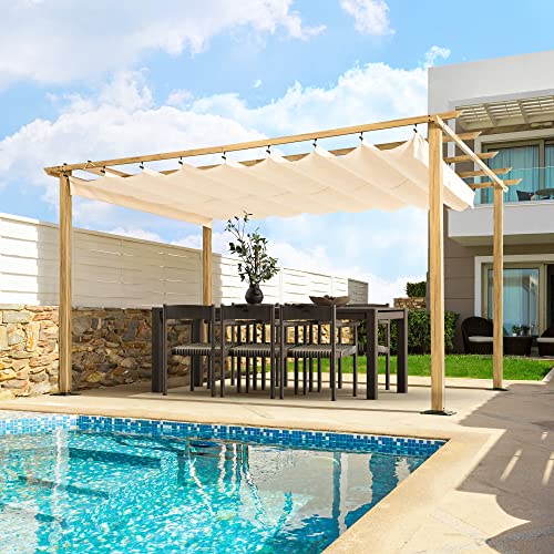 HAPPATIO 10' X 13' Pergola Retractable Pergola Canopy for Backyard, Garden, Patio; Woodgrain-Look Aluminum Pergola with Retractable Pergola Canopy, Includes Anchors and Expansion Screws (Beig - WoodArtSupply