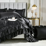 Black Satin Comforter Set,Queen Bed Set,Silk Like Satin Queen Comforter Set with Sheets,Silky Satin Bedding Set,Queen Bed in a Bag 8-Piece,Soft Smooth Sheets,Ruffled Luxury Bedding Set Bedbay