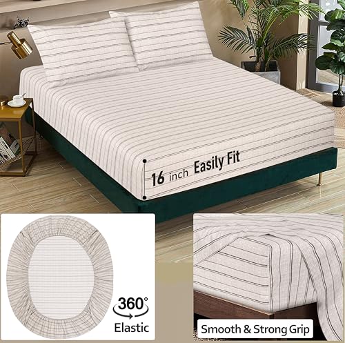 RUVANTI 100% Cotton Sheets – Twin Size Percale Bedding, Cooling & Breathable Floral Design, Durable with a Crisp, Soft & Comfortable Feel, 16" Deep Pocket, 3-Piece Set, Brown Stripes