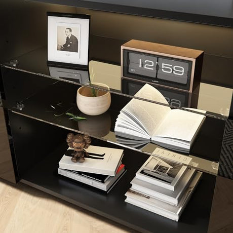 SUSSURRO LED TV Stand for 60/65 inch TV, Television Table Center Media Console with Drawer and Led Lights, High Glossy Modern Entertainment Center for Living Game Room Bedroom, Black SUSSURRO