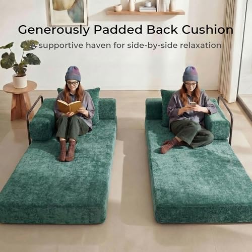 WELAX 77" Convertible Sleeper Sofa Bed, Boneless Cloud Queen Futon Couches with 2 Pillows & Removable Armrests, Chenille Folding Floor Couch No Assembly for Bedroom, Living Room, Green WELAX