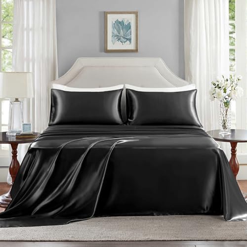 GOLAL Satin Sheets King Size - 4 Pieces Luxury Silky Soft Bed Sheets, Wrinkle-Free Black Satin Silk Sheet Set with 1 Deep Pocket Fitted Sheet, 1 Flat Sheet, 2 Pillow Cases GOLAL