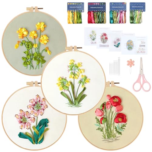 LOMOHOO 4 Sets Ribbon Flower Embroidery Kit for Beginners, Needlepoint Stamped Cross Stitch Starter Kits, Stitch Learning DIY Kit with Floral Pattern, Thread, Hoops, Colorful Ribbons Flower