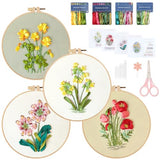 LOMOHOO 4 Sets Ribbon Flower Embroidery Kit for Beginners, Needlepoint Stamped Cross Stitch Starter Kits, Stitch Learning DIY Kit with Floral Pattern, Thread, Hoops, Colorful Ribbons Flower