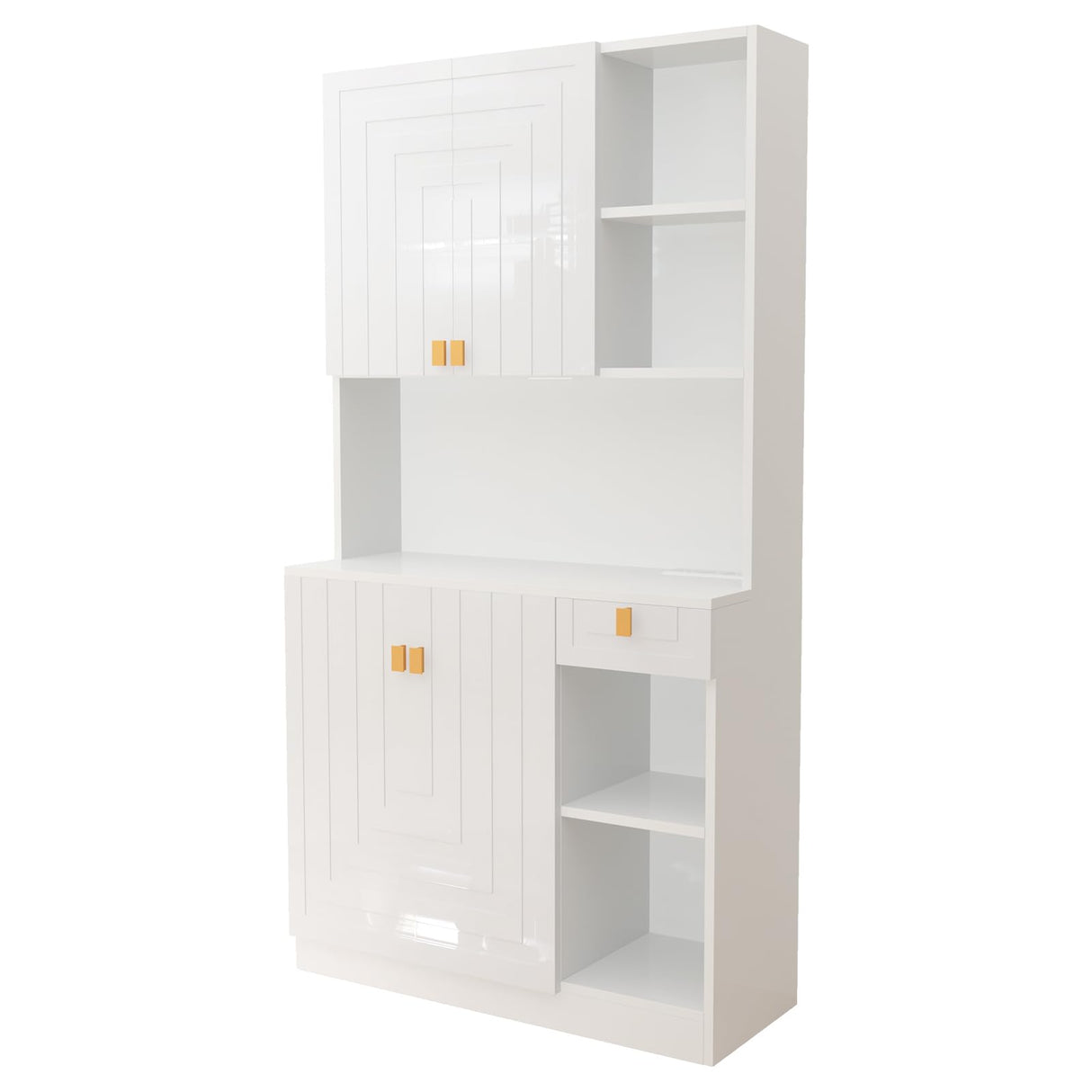 Buenhomino White Kitchen Pantry Cabinet, 71" Hutch Cabinet with Countertop & Power Outlet & Adjustable Shelves, High Gloss Wood Buffet Cabinet with Microwave Stand for Living Room, Dinning Room Buenhomino