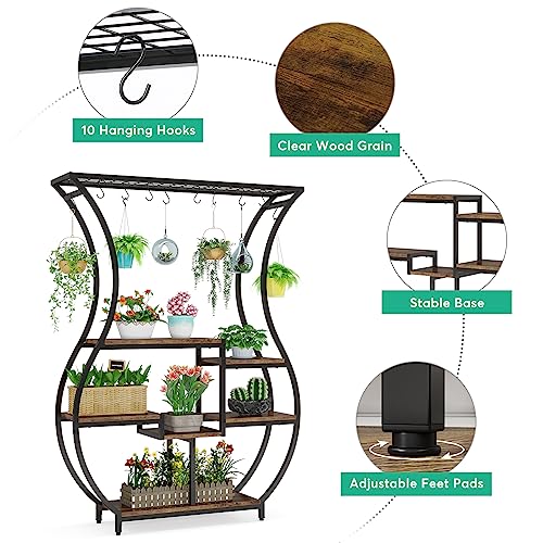 Tribesigns 6-Tier Plant Stand, 70.9 Inch Tall Plant Shelf with 10 Hanging Hooks, Vase Shape Ladder Plant Stand, Multi-Purpose Plant Display Rack for Indoor, Balcony, Living Room, Brown and Black Tribesigns