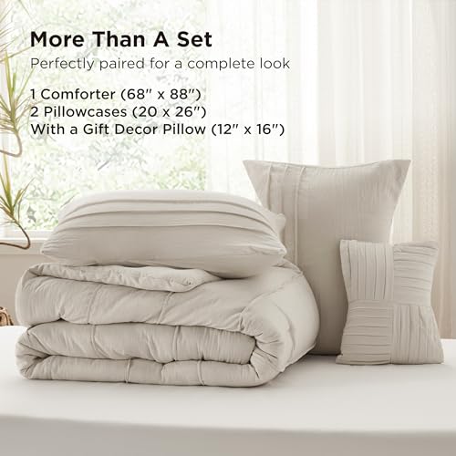 Bedsure Twin Comforter Set - 3 Pieces Pinch Pleat Bed Set, Beige Boho Bedding for All Season, 1 Soft Comforter, 1 Pillowcase, 1 Decorative Pillow Bedsure