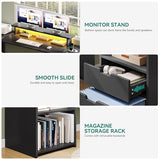 YITAHOME U Shaped Desk with Power Outlet & LED Lights, Computer Desk with Drawers, Wood Desk Home Office Desk with Monitor Stand & ５ Cubbies Storage Shelves, Black Carbon Fiber YITAHOME