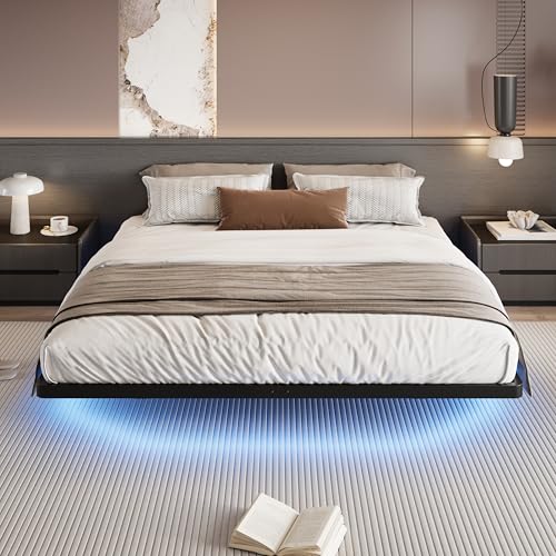 SHA CERLIN Floating Bed Frame King Size with Smart LED Lights and Charging Station, Heavy Duty Metal Platform Bed with Modern Design,No Box Spring Needed, Easy Assembly, Matte Black SHA CERLIN