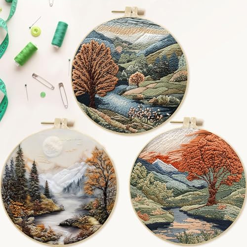 SCECALA 4 Pack Embroidery Kit for Beginners - Nature Landscape Beginner Embroidery Kit for Adults with Embroidery Pattern, Hoop, Complete Supplies DIY Craft for Adults Sewing Hobby, 1pc Hoops