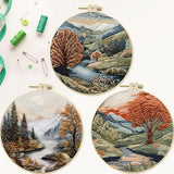 SCECALA 4 Pack Embroidery Kit for Beginners - Nature Landscape Beginner Embroidery Kit for Adults with Embroidery Pattern, Hoop, Complete Supplies DIY Craft for Adults Sewing Hobby, 1pc Hoops