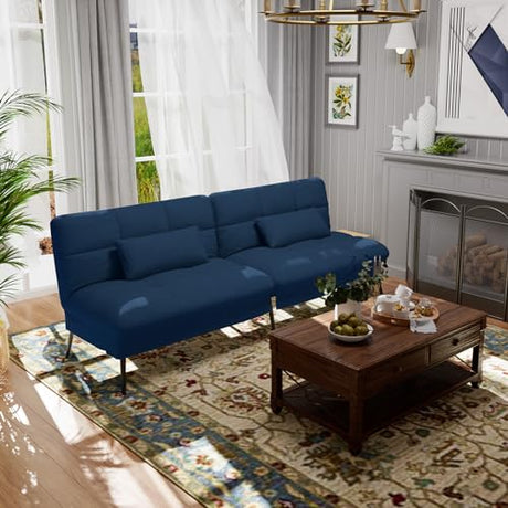 COMHOMA Convertible Futon Sofa Bed, 72″Fabric Futons Couch with Adjustable Backrest, Folding Sleeper Recliner for Living Room Furniture (Blue) COMHOMA