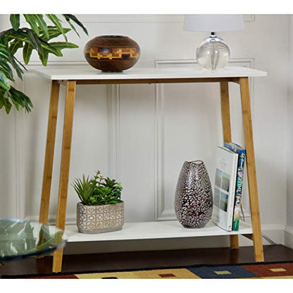 2 Tier Solid Bamboo Frame Console Table White Modern Contemporary Rectangle Matte Shelf