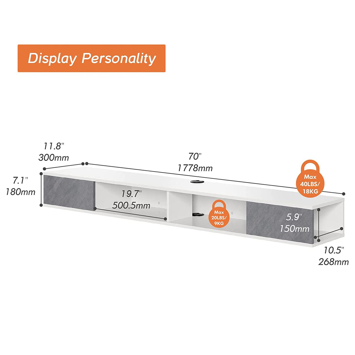 WAMPAT 70 inch Floating TV Console for 75 inch, Floating Entertainment Center Wall Mounted for Under TV, Floating TV Shelf for Living Room, White & Gray WAMPAT