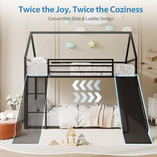 Tufons Twin-Over-Twin Low Bunk Bed with Convertible Slide, Full-Length Guardrail with Montessori Floor Bunk Bed Frame, Heavy Duty Metal Bed with House Shape and Roof for Boys Girls, Black Tufons