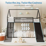 Tufons Twin-Over-Twin Low Bunk Bed with Convertible Slide, Full-Length Guardrail with Montessori Floor Bunk Bed Frame, Heavy Duty Metal Bed with House Shape and Roof for Boys Girls, Black Tufons