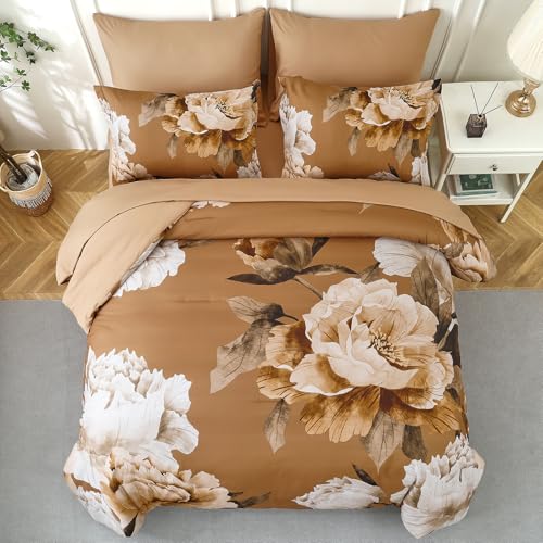 Dobuyly Brown Comforter Set Queen Size 7 Piece Bed in a Bag, Floral Printed on Brown Comforter Set with Sheets, Soft Microfiber Botanical Fall Complete Bedding Set for All Season Dobuyly