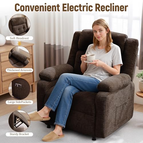 Korser Power Recliner Chair, Living Room Chairs for Adults, Oversized Electric Recliner with Side Pockets, Chenille Fabric Reclining Chair for Living Room, Bedroom