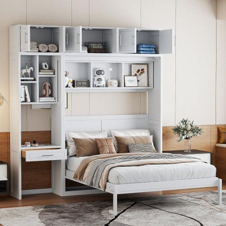 Harper & Bright Designs Queen Size Murphy Bed with Desk, Storage Cabinet & Shelves, Foldable Wooden Wall Bed, Space-Saving, White Harper & Bright Designs