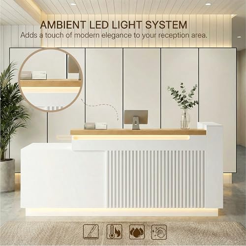 ZIMASYA 86.6" L-Shaped Reception Desk with Counter, Modern Commercial Front Desk with Power Outlets, Combination Lock Drawers, LED Lights for Office, Beauty Salon, Retail Store, White