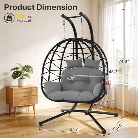 Suteck Double Hanging Egg Chair with Stand, Outdoor Indoor 2 Person Wicker Egg Swing Chair with Cushion, 700lbs Capacity for Patio, Bedroom, Garden - Black Suteck