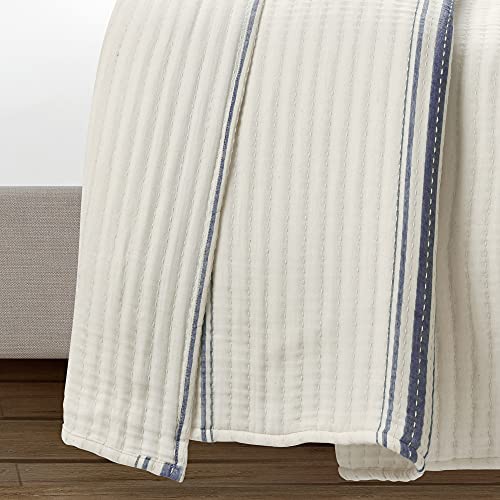 Lush Decor Farmhouse Stripe Kantha Pick Stitch Cotton Quilt/Coverlet Single Full/Queen, Navy - Striped Bedding Queen Quilt - Queen Blanket For Bed Lush Decor