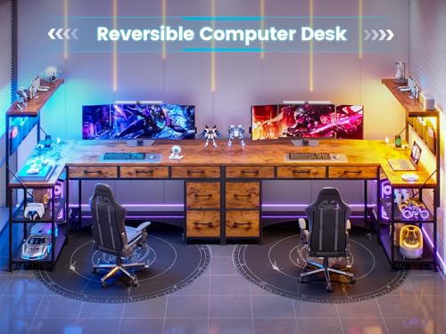 SEDETA L Shaped Desk with Drawers and Hutch, 47.2" Reversible Office Computer Desk with 5 Fabric Drawers, L Shaped Desk with Storage Shelves, Power Outlet and LED Lights for Home Office, Rustic Brown SEDETA