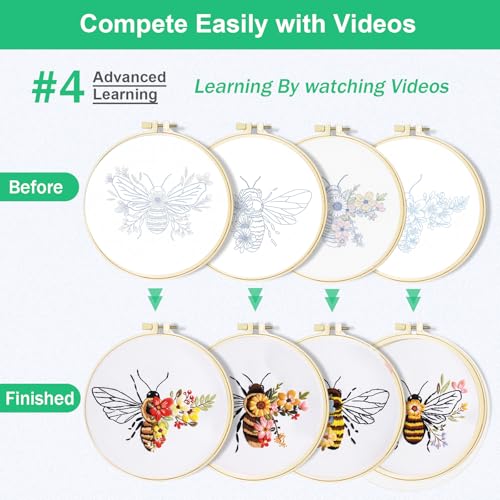 Huacan Embroidery Kit for Beginners Adults Includes Stamped Bee and Flower Pattern, Hoop, Color Threads,Tools,Easy to Follow Instruction
