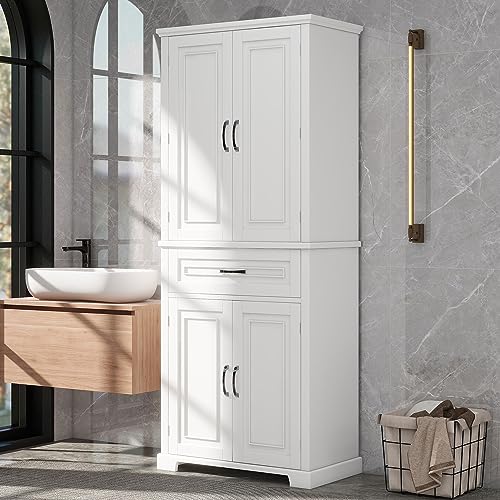 Merax Tall Storage Cabinet with Doors and Drawer, Pantry Cupboard with Rack Organizers Wide Display Shelf for Bathroom or Kitchen, White - WoodArtSupply