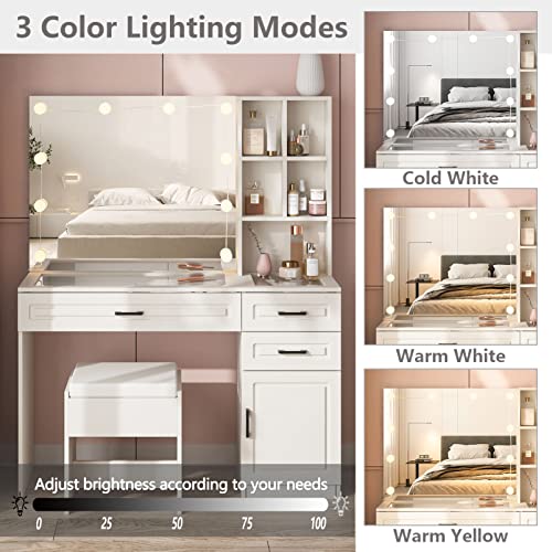 Fameill White Vanity Desk with Mirror and Lights,Glass Top Vanity Table with 3 Drawers and Cabinets,Large HD Mirror Makeup Desk,3 Lighting Modes, Brightness Adjustable,45 in(L) Fameill