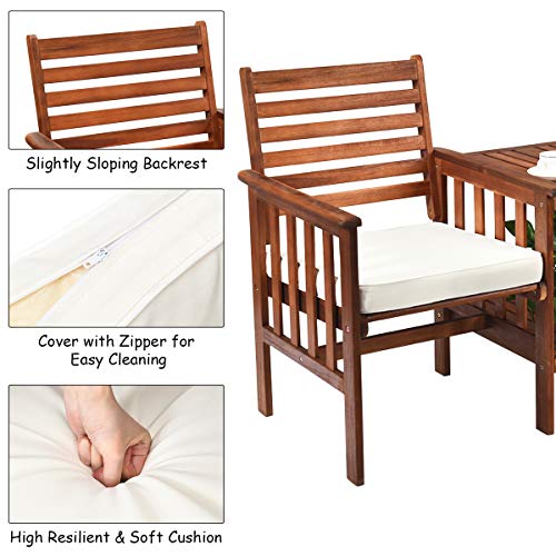 Tangkula Acacia Wood Loveseat, 3pcs Outdoor Table Chairs Set, Patio Conversation Set w/Coffee Table and Soft Cushions, 2.1-inch Umbrella Hole, 2-Seater Furniture Set (White) Tangkula