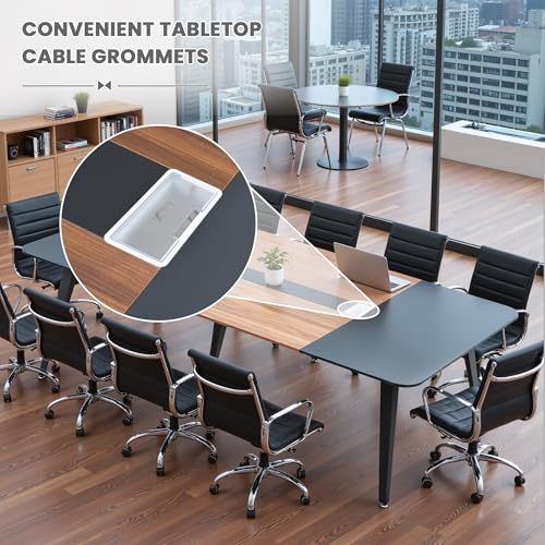 Shahoo 8FT Conference Table, Large Meeting Table with Rectangle Grommet and Metal Frame, Modern Seminar Boardroom Table for Office Conference Room, Black and Brown（94.5L*47.2W*29.9" H）