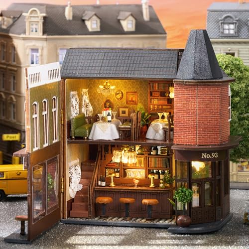 Miniature European-Style Chalet Cottage Dollhouse Kit Wooden Furniture, DIY Dollhouse Kit with LED Creative Room,Adult Teenager Children Gift (Garden Restaurant)