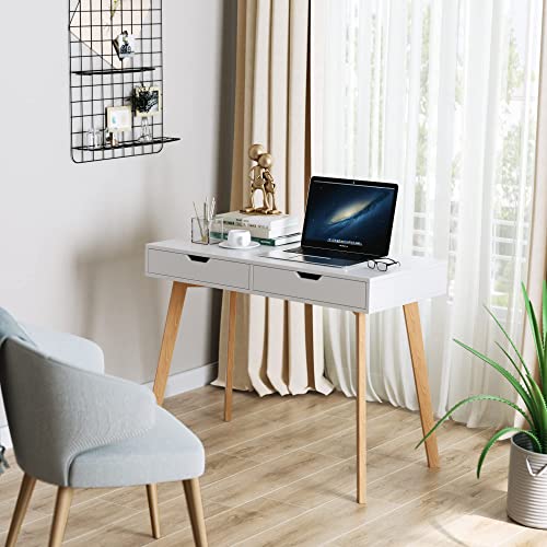 FOTOSOK White Computer Writing Desk with 2 Drawers, Small Desk Makeup Vanity Table Wood Desk with 4 Oak Legs, Modern Home Office Desk Console Study - WoodArtSupply