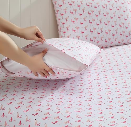 Beatrice Home Fashions Printed Microfiber Sheet Set, Soft Comfortable Easy Care, Includes 1 Fitted Sheet with 12" Deep Pockets, 1 Flat Sheet, Pillowcase, Twin, Pink Flamingo Beatrice Home Fashions