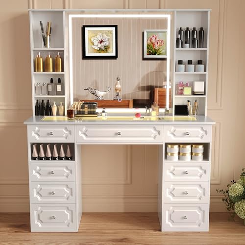 Wildhome Vanity with Mirror and Light, Vanity with Glass Top and 9 Drawers, Dresser Set with Storage Bench, Adjustable Brightness Dresser (White, Glass Table-B) Wildhome