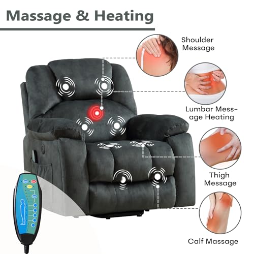 ANJ Large Power Lift Recliner with Hidden Cup Holders for Elderly, Large Electric Reclining Lift Chair with Massage and Heat, Overstuffed Lifting Chairs with Side Pockets for Living Room, Dark Green